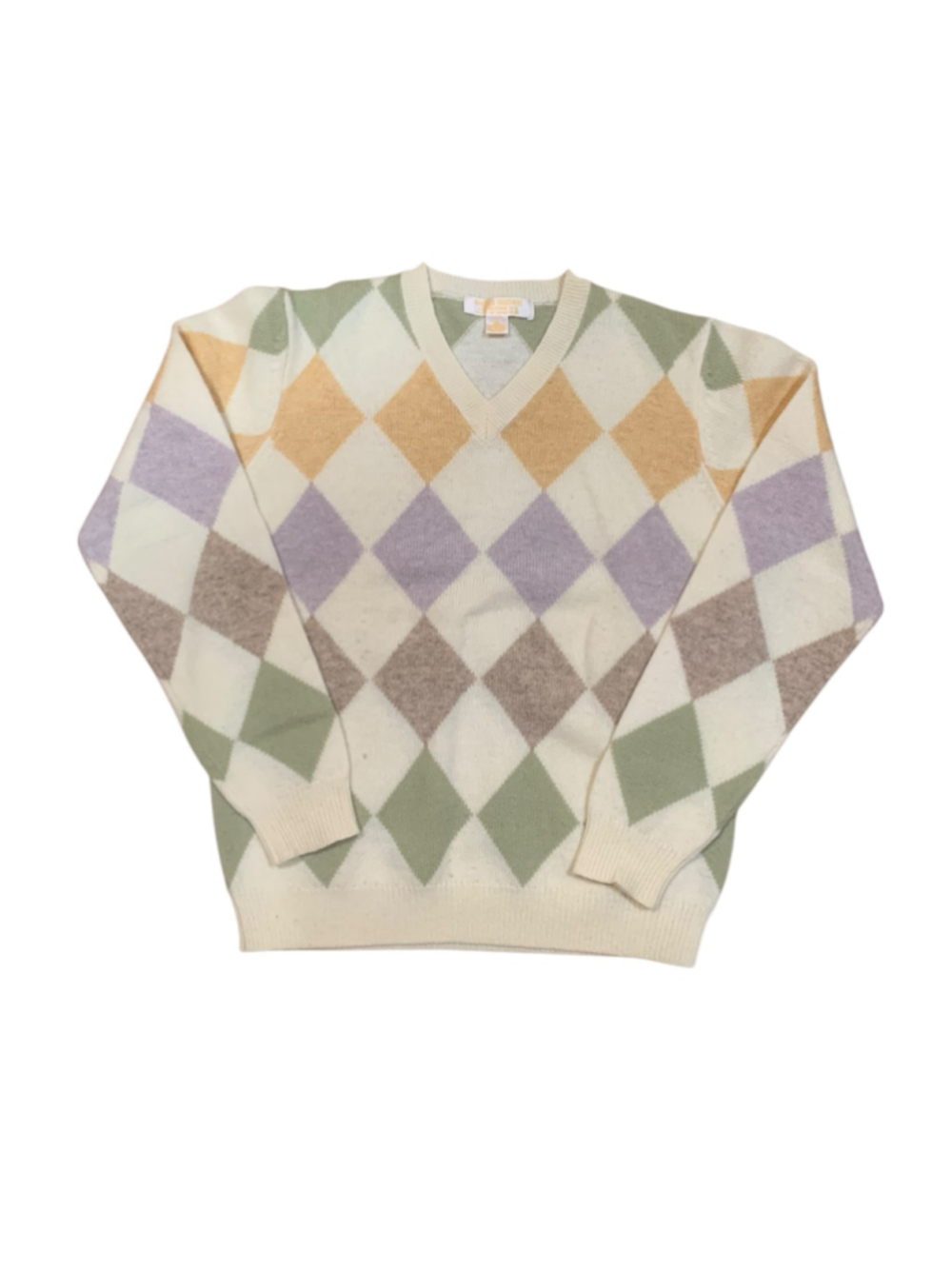 Vtg 70’s Women's Brooks Brothers V-Neck Argyle Sweater Size S Beige Multi-color